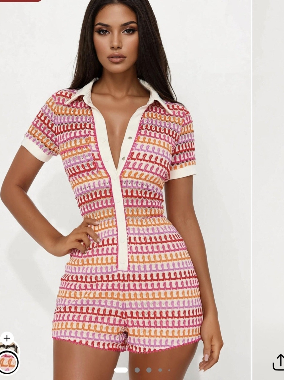 Fashion Nova Pink & Orange Knit Polo Romper with Cream Trim